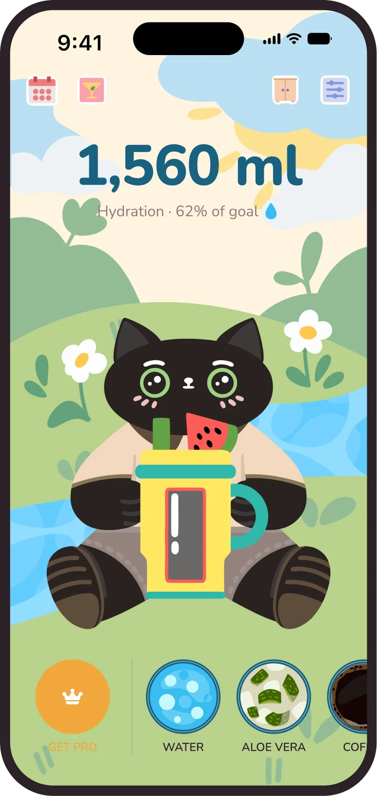 The Plupiko home screen: a cat sips water on a sunny meadow